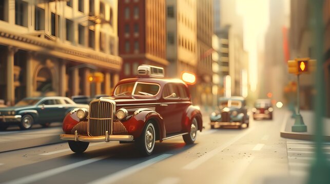 Fototapeta A classic vintage car adds a touch of elegance as it cruises down a city street bathed in the warm, golden glow of the sun.