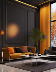 Modern dark home interior background, wall mock up, 3d render	