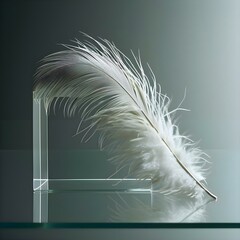 a white feather sitting on top of a glass table