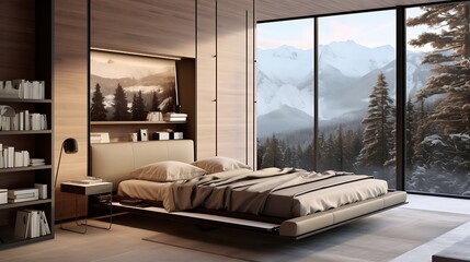 A minimalist bedroom with a wall-mounted bed that folds up to reveal a workspace