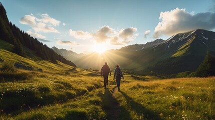 Two people walking on a path in the mountains at sunset. Generative AI.