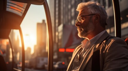 Obraz na płótnie Canvas A man with glasses and a beard sitting on a bus. Generative AI.