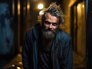Fototapeta premium A homeless man with a beard and beard standing in a dark alley. Generative AI.