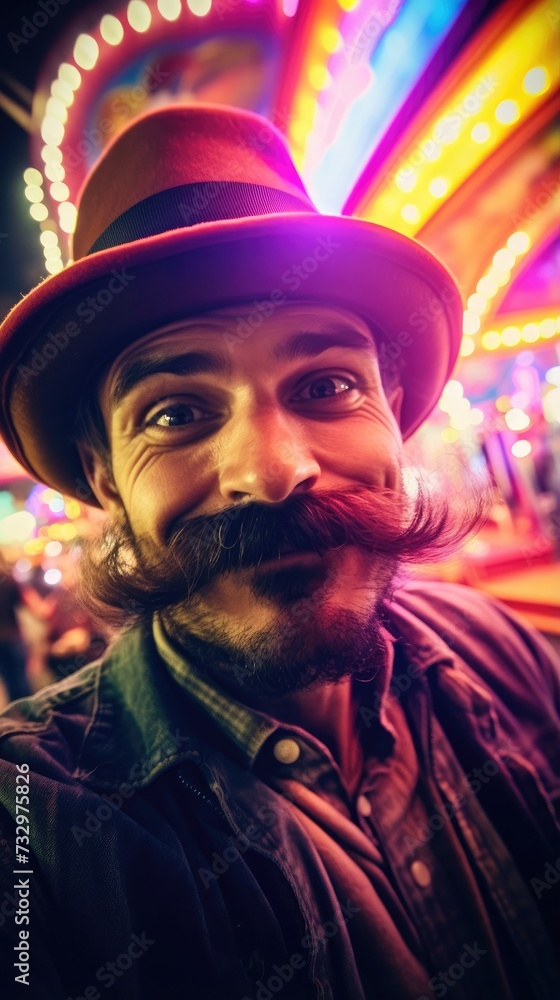 Poster a man with a mustache and hat in front of a carnival. generative ai.