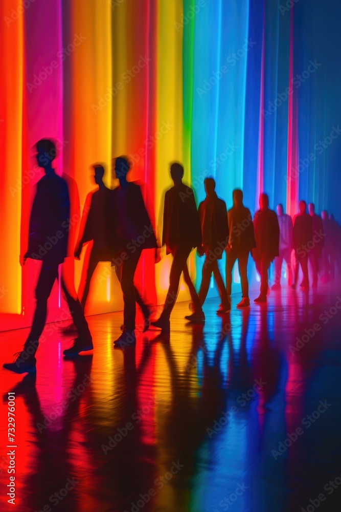 Poster a group of people walking in front of a colorful wall. generative ai.