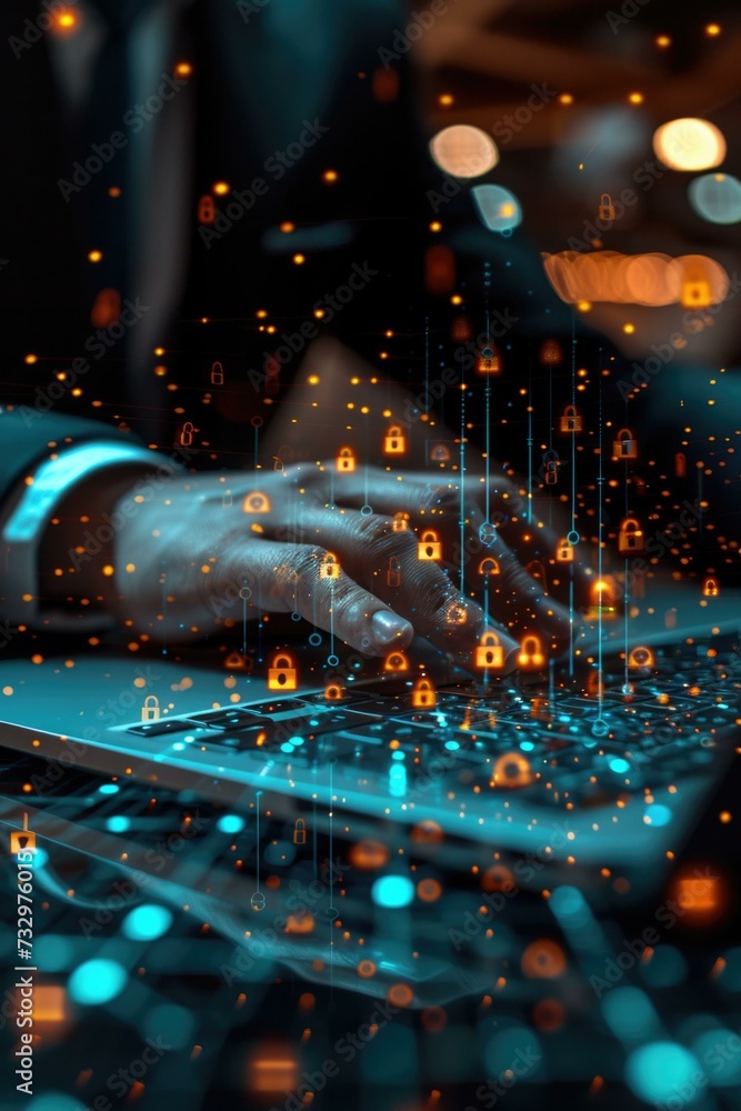 Poster businessman using laptop with security icons on it. generative ai.