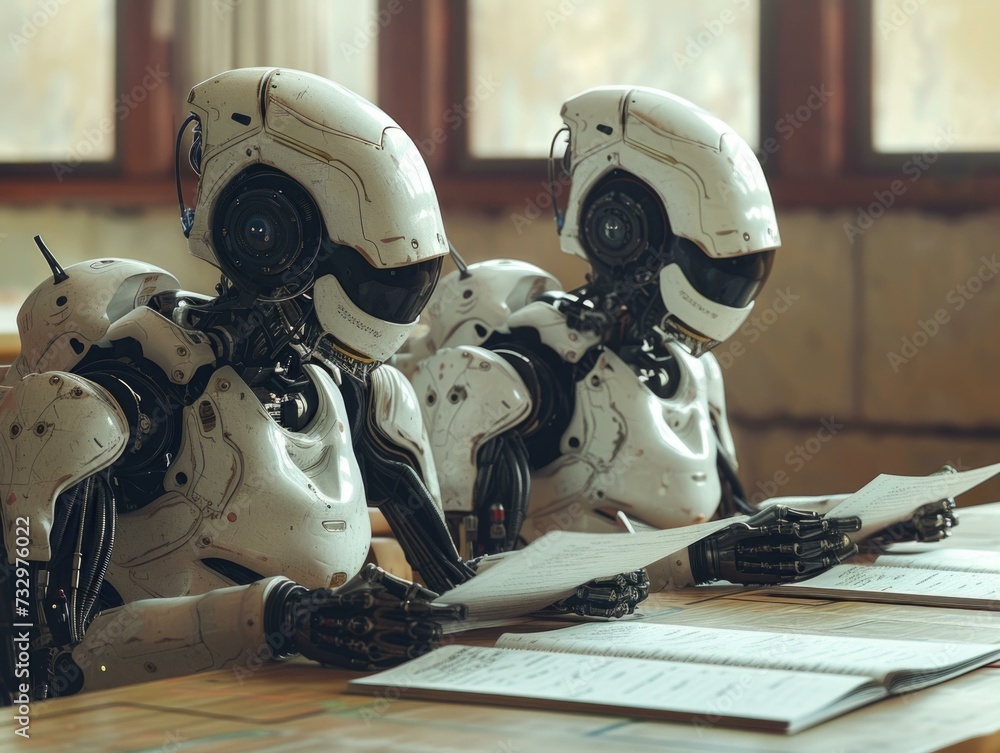 Poster two robots sitting at a table with papers. generative ai.