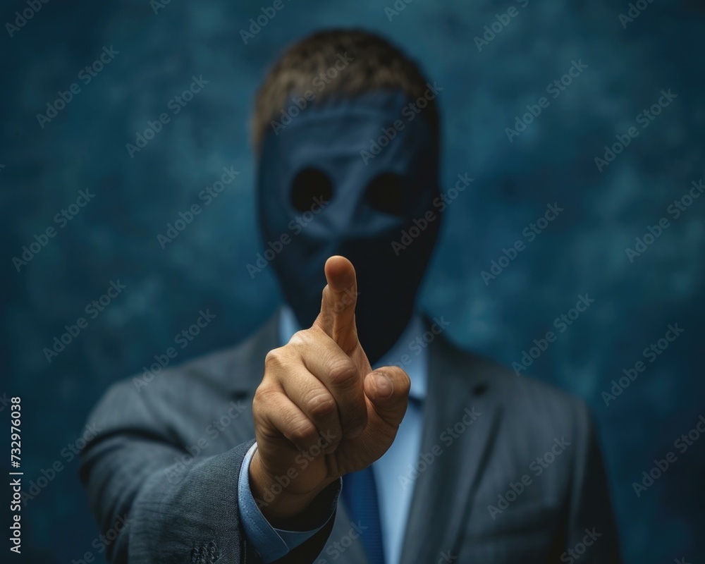 Poster a man in a suit and black mask pointing at something. generative ai.