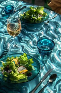 table settings with salads, glasses and forks with water reflection on them