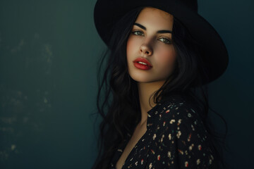 Mysterious Beauty: Woman in Floppy Hat with Alluring Gaze and Dark Floral Attire