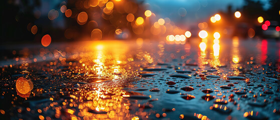 a image of a wet street with lights in the background