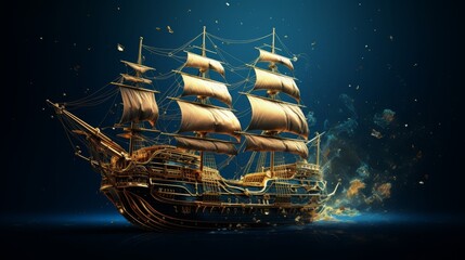 Generative AI image of Galleon made of gold particles, composition on the right side of the background - obrazy, fototapety, plakaty