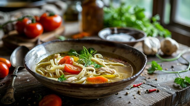 Generative AI image of food photography. Chicken soup with noodles on the table. In rustic style