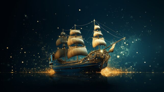 Generative AI image of Galleon made of gold particles, composition on the right side of the background