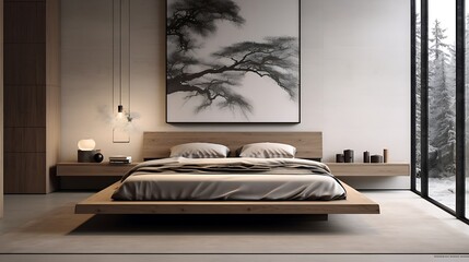 A minimalist bedroom with a floating bed frame and integrated bedside tables