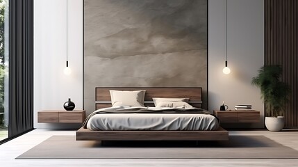 A minimalist bedroom with a low-profile bed and a single statement piece of furniture