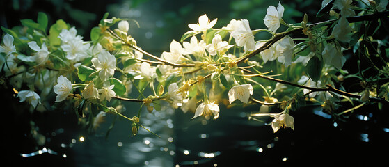 a tree branch with white flowers on it