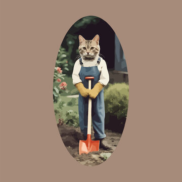 Cute happy farmer gardener cat on elliptical frame with shovel and hand gloves, cute standing Funny adorable home kitten pet eps vector design, for greetings card t-shirt hoodie mug bag etc