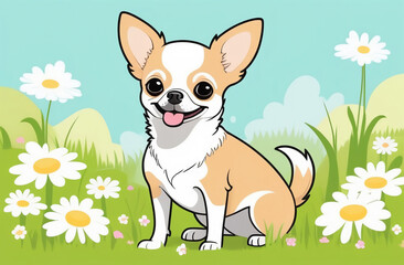 Cartoon illustration with a chihuahua dog. A chihuahua dog sits on the lawn and looks at the camera.