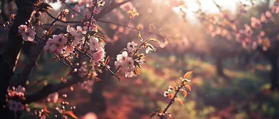 a tree with pink flowers in the sunlight - obrazy, fototapety, plakaty