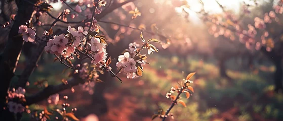 Foto op Plexiglas a tree with pink flowers in the sunlight © Masum
