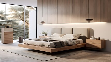 A minimalist bedroom with a canopy bed and sleek, wall-mounted nightstands