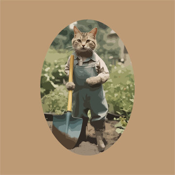 Cute happy farmer gardener cat on elliptical frame with shovel and hand gloves, cute standing Funny adorable home kitten pet eps vector design, for greetings card t-shirt hoodie mug bag etc