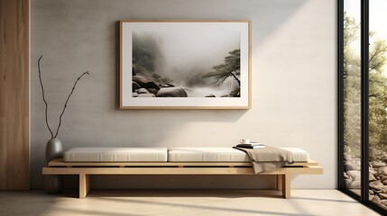 A minimalist bedroom with a wall-mounted bench that extends into a bed for guests