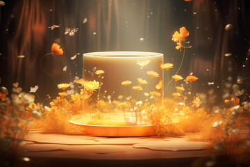 The podium background. the golden cosmetic platform. the advertising background for the display. A golden podium for the product among white flowers. Spring product delivery. 