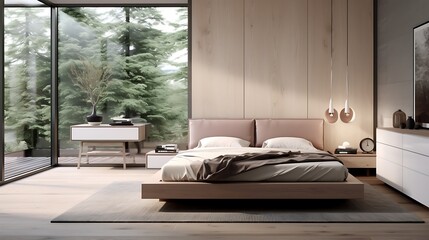 A minimalist bedroom with a low-profile bed and a single statement piece of furniture