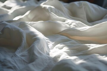 an unmade bed with white sheets and sheets on it - obrazy, fototapety, plakaty