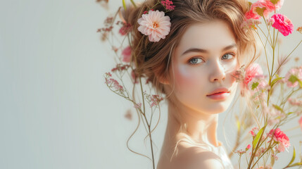 Beautiful fashion portrait of young woman with wreath of pink and white blossoms. Summer flowers in hairstyle. Light background with copy space.