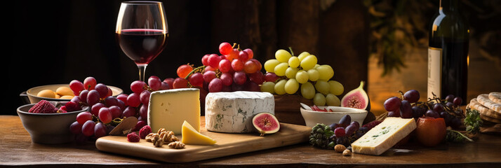 Fototapeta na wymiar food composition in a dark key. Cheese, wine, grapes on food composition in a dark key. Cheese, wine, grapes on a dark background banner. the mood of Italy. wine and cheese tasting