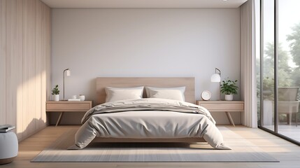 Fototapeta na wymiar A minimalist bedroom featuring recessed lighting for a clean, unobtrusive look