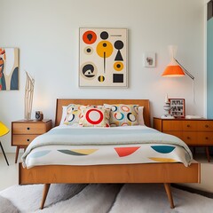 A mid-century modern bedroom with hidden storage, featuring retro furniture and bold patterns