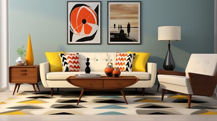 A mid-century modern-inspired living room with iconic furniture pieces and bold patterns
