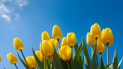 Yellow tulips against a blue sky.