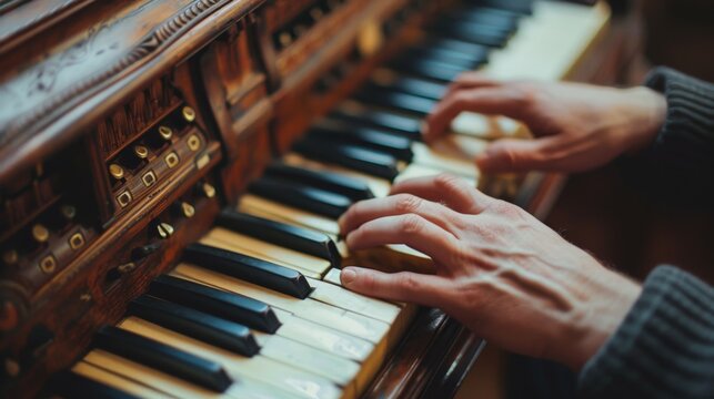 Musician's hands playing the harpsichord. Classical musical instrument