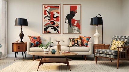 A mid-century modern-inspired living room with iconic furniture pieces and bold patterns
