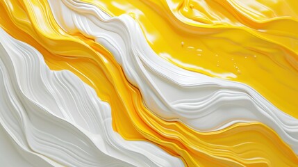 Wave of yellow and white oil brush hand drawn stroke. Abstract varnish splash trace shape. Glossy...