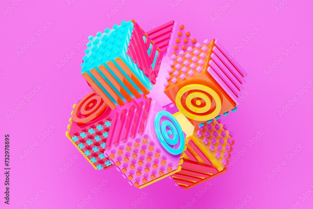 Poster 3d illustration abstract shape with different geometric patterns on each side on a pink background, 