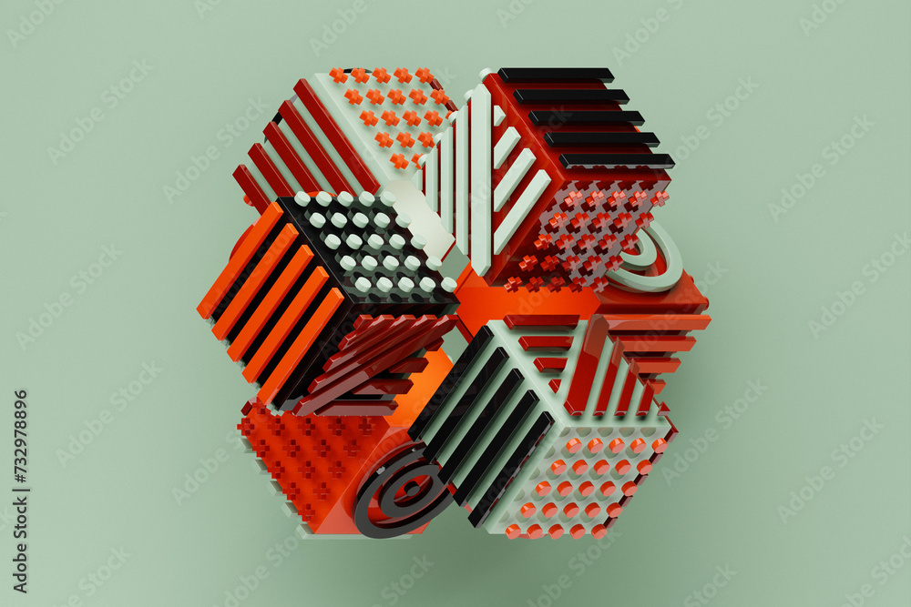 Poster 3d illustration abstract shape with different geometric patterns on each side on a pink background, 