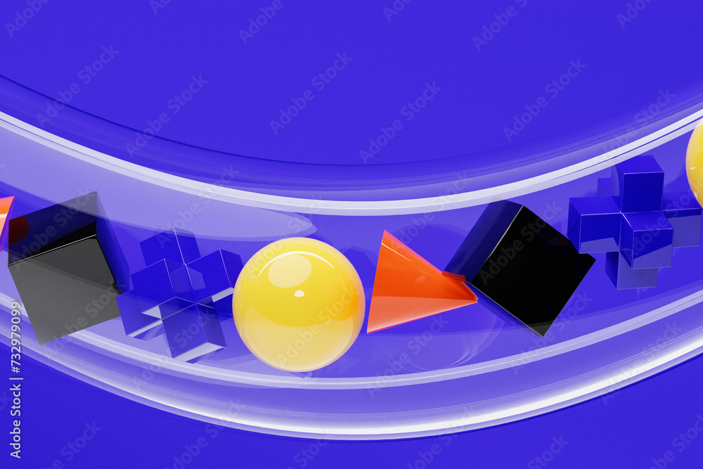 Aufkleber multi-colored graphic objects and frames of geometric shapes fly through a transparent tunnel. minim