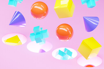 3D illustration Abstract multi-colored shapes: cube, torus, sphere, polygon falling into a portal against a pink  background, 3D illustration.