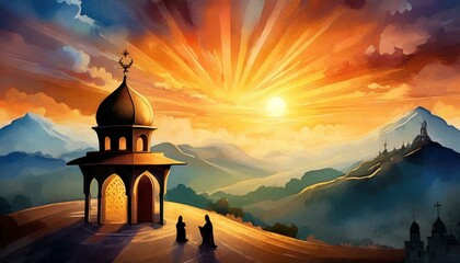 sunset in the mountains,  a religious observance that begins at sundown on Monday and ends at sundown on Tuesday - obrazy, fototapety, plakaty