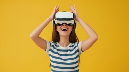 Joyful girl with hands raised, exploring a fun virtual world with her VR headset, against a vivid yellow background, embodying excitement and modern play.
