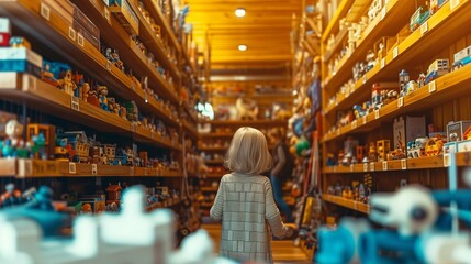 Child in awe exploring a toy store's magical aisle, surrounded by colorful shelves of toys in warm, cinematic lighting. A moment of childhood wonder.