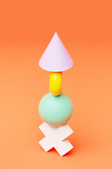 3d illustration of a pyramid of multi-colored geometric volumetric figures on a  orange background