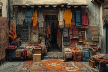 a colorful rug hanging and being sold at an old market