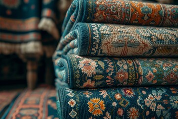 a colorful blue rug stacked and folded at a market
